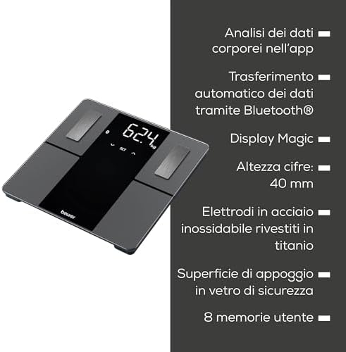 BF 500 bilancia pesapersone digitale con Bluetooth & app con misurazione di massa grassa, percentuale muscolare, fabbisogno calorico ecc. trasferimento dati ad Apple Health & co., fino a 180 kg