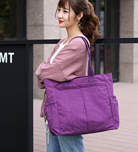 Nylon Water Resistant Multi Pockets Large Lightweight Tote Bag Shoulder Bag for Gym Hiking Picnic Travel Beach Waterproof Tote Bags (Blue Feather HB)