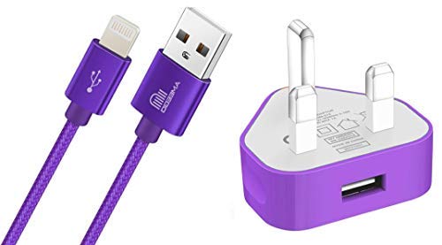 ameego USB Data Sync Charging Cable Lead 1 Meter Braided Lead + USB Charger Adapter Plug For Phone's Compatible 6 6s 5s 6 PLUS 7 8 8 Plus XS XS Max XR X iPad iPod (Purple)