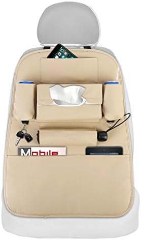 Corux 2 Pack Premium Car Seat Back Organizer PU Leather Auto Kick Mats Protector Backseat Holder for iPad Tablet Bottle Tissue Drinks, Beige