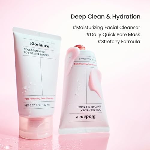 BIODANCE Collagen Mask To Foam Cleanser, Pink Face Wash for Women, 2-in-1 Pore Mask and Hydrating Foaming Facial Cleanser for Sensitive Skin, Oily Skin, Korean Skincareㅣ5.07 fl. oz. (150 ml)