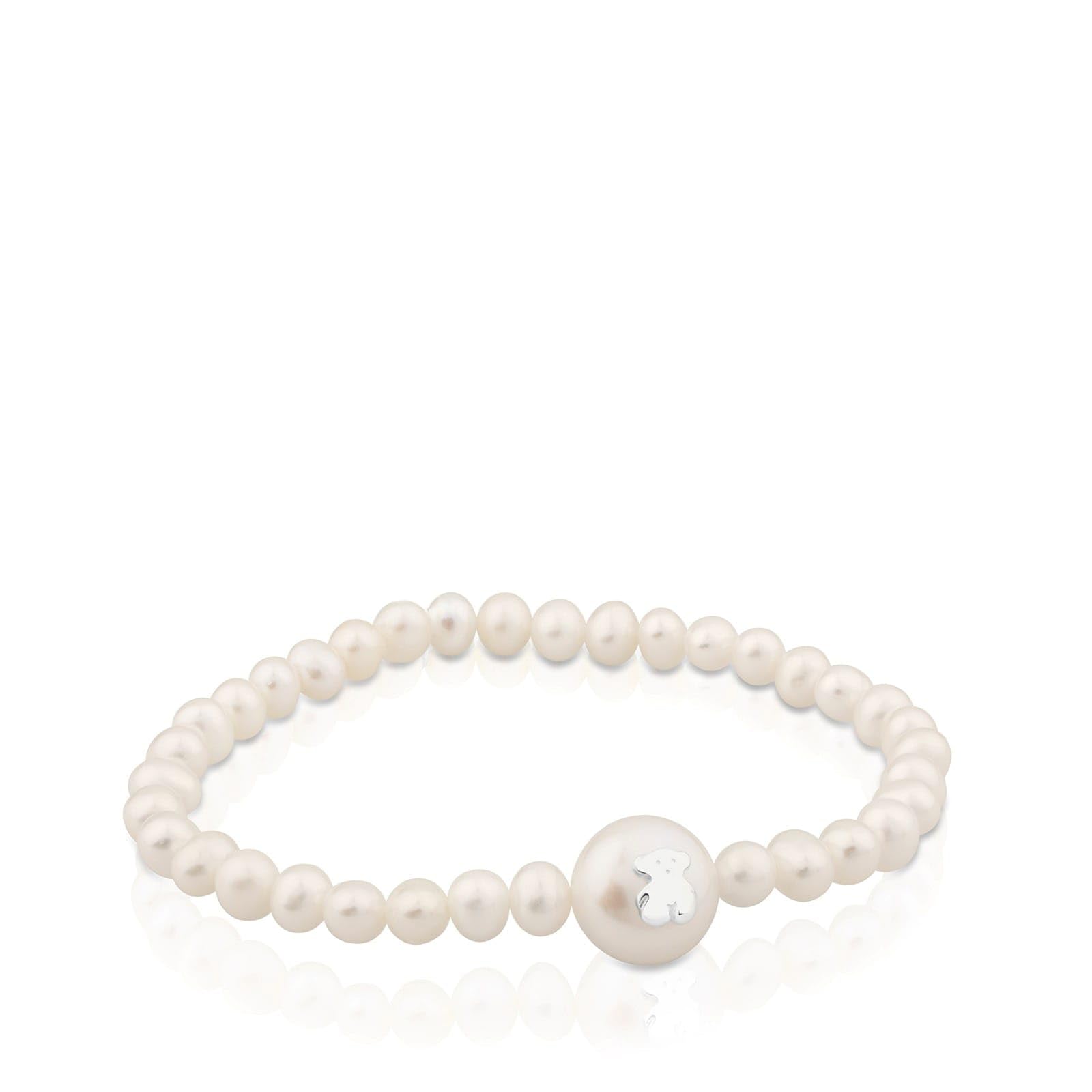 TOUS Women's 1cm Cultured Pearl Elastic Bracelet with Bear Pattern in Sterling Silver, Classic and Sophisticated, Sweet Dolls Collection