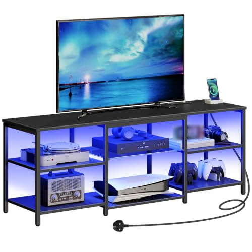 HOOBRO 3 Tier TV Table with LED Lights for 32-65 inch TV, 140cm Black TV Units with Power Outlet, Gaming TV Entertainment Center with Open Shelves for Living Room,Bedroom EBB20KDDS01