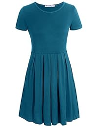 Fanfly - Vestido de manga corta para mujer, plisado, holgado, casual, con bolsillos, hasta la rodilla