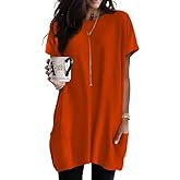 Poetsky Summer Womens Tunic Tops for Leggings with Pockets Short Sleeve Casual Long T Shirts S-3XL