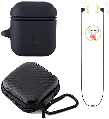 AirPods Case Set Shockproof Protective Silicone cover with 1 Anti-lost Strap, 1 Hooks and 1 Headphone Case for Apple AirPods (4 Pcs)-Black