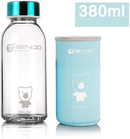 TIANXI Stylish Portable Real Borosilicate Glass Water Bottle Outdoor travel insulated tumblers Milk Bottles 380 ml blue color