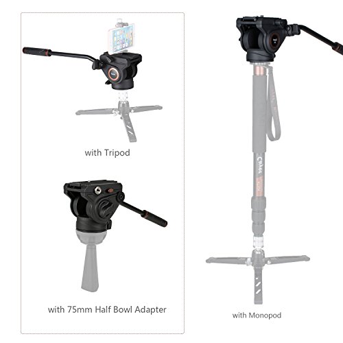 Cayer K3 Fluid Drag Pan Head for Video Tripod Monopod with 1/4 and 3/8 inches Screws Sliding Plate for DSLR Cameras Video Camcorders Shooting Filming, Max Loading 13.2LB