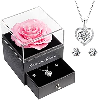 Miofula Preserved Real Rose Gift Box with Necklace & Earrings for Her