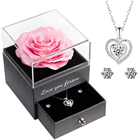 Miofula Preserved Real Rose Gift Box with Necklace & Earrings for Her