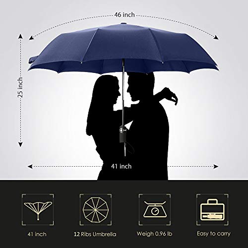 Wsky 12 Ribs Inverted Umbrella Windproof Automatic Folding Umbrella Teflon Coating Canopy Reverse Umbrella Portable Travel Umbrella Blue