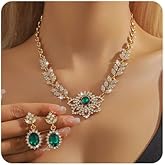 Xerling Chunky Statement Rhinestone Necklace Earrings Floral Crystal Pendant Gold Leaf Chain Necklace Green Oval Earrings Jewelry Set Bridal Wedding Accessory for Brides Women Gifts