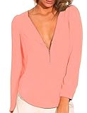 FACE N FACE Women's Chiffon Sexy Long Sleeve V Neck Zipper Shirt Blouse XX-Large Pink