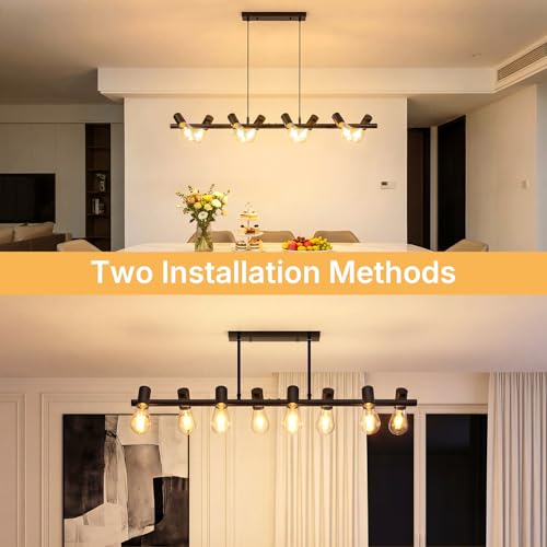 VivaLet Dining Table Pendant Ceiling Lamp with 8 Bulbs, E27 Base, Black, Swivel Head, Height Adjustable Industrial Pendant Lamp for Dining Room, Kitchen, Bar, Restaurant