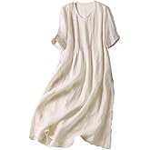 Akivide Women's Flowy Cotton Midi Dress V Neck Short Sleeve Summer Beach Vacation Casual Loose Long Dresses with Pockets