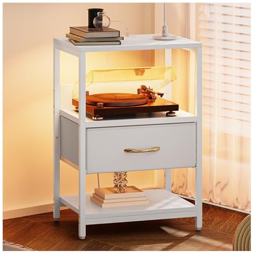SIMPLE ESPACIO Buros para recamara -Mesita de Noche,Mesa Auxiliar con Estación de Carga 2 enchufes y Puertos USB y Tira luz LED.(cajón Tela Cuero Blanco)