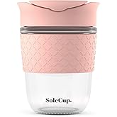 SoleCup. - Reusable Strengthened Glass Travel Cup - Spill Proof Insulated Coffee Mug - 12oz/340ml BPA-Free Hot Drink Travel Mug with Lid & Silicone Band (Pink, 12oz)