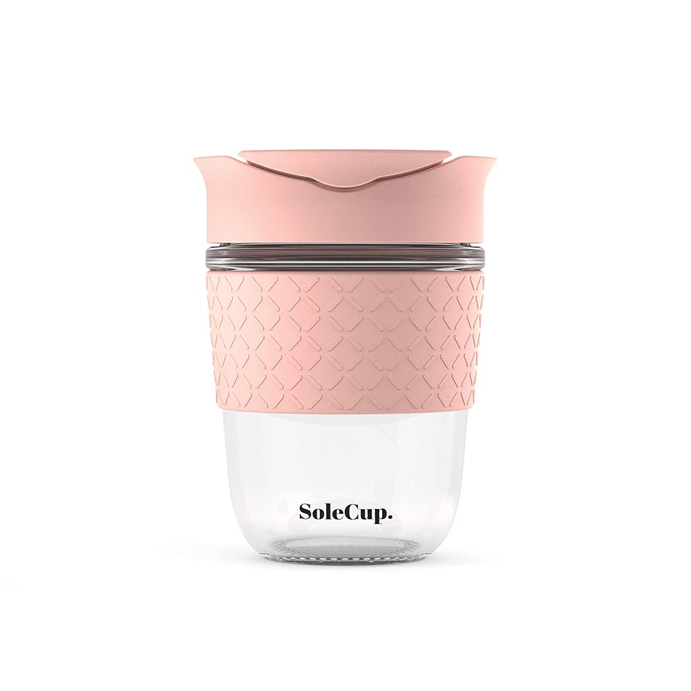 SoleCup. - Reusable Strengthened Glass Travel Cup - Spill Proof Coffee Mug - 12oz/340ml BPA-Free Hot Drink Travel Mug with Lid & Silicone Band (Pink, 12oz / 340ml)