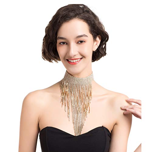 Holylove Statement Necklace for Women Tassel Collar Crystal Necklace Set Novelty Fashion Jewelry 3 Colors with Gift Box-Gold