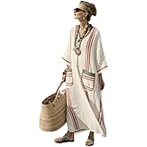 OSCORP Women’s 3/4 Sleeve V-Neck Maxi Dresses Loose-Fit Striped Long Dresses Soft Flowing Drape for Casual Vacation Wear