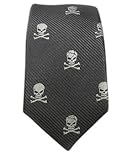 100% Woven Silk Charcoal Skull and Crossbones Skinny Tie