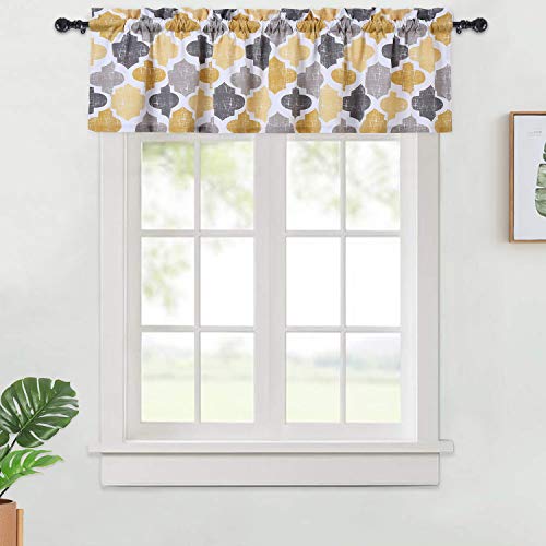 Haperlare Quatrefoil Pattern Valance Curtains for Kitchen Cafe Curtains, Tile Print Bathroom Window Curtains, Multi Color Window Treatment, 56" x 15", Yellow/Grey - Thumbnail 7