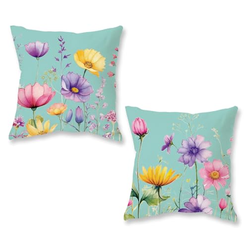 ONWAY Spring Pillow Covers 20x20 Inch Set of 2 Floral Colorful Flowers Decorations Farmhouse Living Room Outdoor Cushion Case for Sofa Couch Home Bed Blue