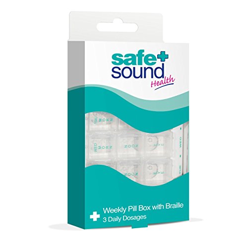 Safe + SoundSafe and Sound Weekly Pill Organiser, 3 Compartments Per Daily Removable Section, Printed and Braille Flip-top Lids, Push-open Catches