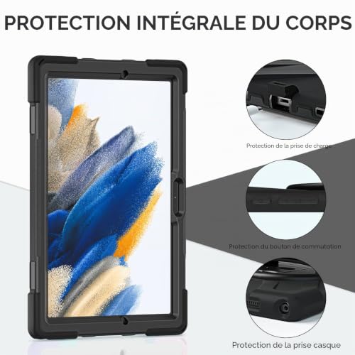 Gerutek Shockproof Case for Samsung Galaxy Tab A8 10.5 Inch 2022, (SM-X200/SM-X205/SM-X207), Heavy Duty Armor Case with Rotating Stand, Hand Strap and Shoulder Strap, Cover for Samsung Tab A8 10.5-Inch, Black