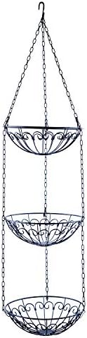 3 Tier Iron Wire Hanging Fruit Basket,Kitchen Vegetable Tropical Fruit Storage,Heavy Duty Plant pots Holder with Black Chain,Strong Hook