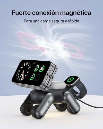 SoulBytes Cargador inalámbrico 3 en 1, Soporte Cargador inalámbrico magnético Plegable con luz Nocturna, Compatible con iPhone 17/Air/16/15/14/13/12 Series, AirPods 4/3/2 Pro y Apple Watch.(Nergo)