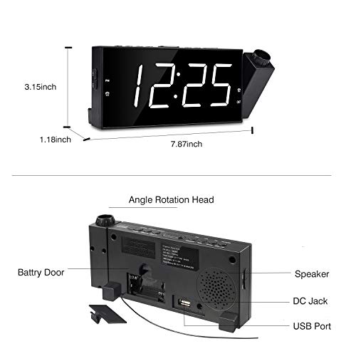 OnLyee Projection Ceiling Wall Clock, Alarm Clock, 7" LED Digital Desk/Shelf Clock with Dimmer, USB Charging, AC Powered and Battery Backup for Bedroom, Kitchen, Kids