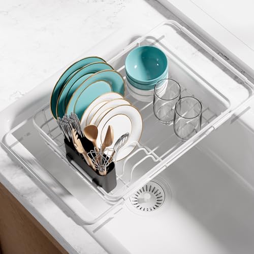Photo 1 of Sakugi Dish Drying Rack in Sink- Expandable Dish Rack Used Over Sink, in Sink & on Countertop, Rustproof Kitchen Dish Drying Rack with Removable Cutlery Holder, 16.1" D x 12" W x 4.2" H, White