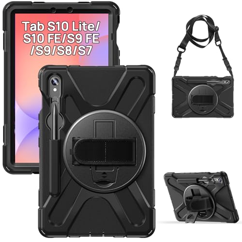 Gerutek Anti-Drop Case for Samsung Galaxy Tab S10 Lite 10.9 Inch/Tab S10 FE/Tab S9 FE/S9 11 inch (2025/2023), Rugged Case with Stand 360° Rotation, Hand/Shoulder Strap, Pencil Holder, Black