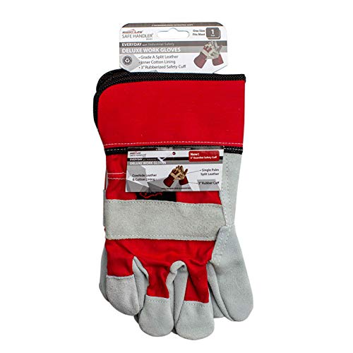 SAFE HANDLER Deluxe Work Gloves | Single Palm Split Leather, 3" Rubber Cuff, Cowhide Leather, Inner Cotton Lining, Rubberized Safety Cuff, Grade A Split Leather, 1 Pair