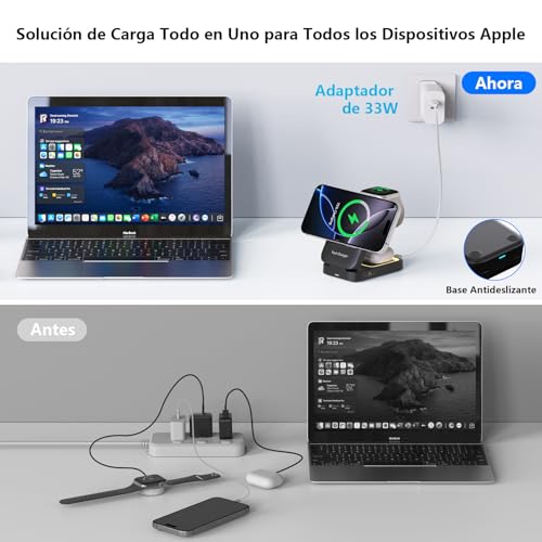Cargador Inalámbrico,3 en 1 Estación de Carga para iPhone 17 16 15 14 13 12 Pro Max Apple Watch y AirPods,15W Cargador Rápido para iPhone,Luz,33W Adaptador,Regalos para Hombre Mujer (Negro-1)