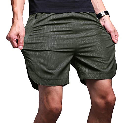 LTIFONE Mens Gym Quick Dry Shorts Workout Training Running Vertical Stripe Shorts with Zipper Pocket (Army Green,3XL)