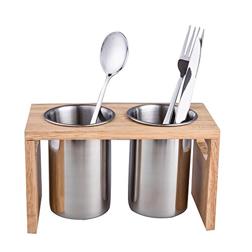 Flatware Organizer Caddy with Wood Base SUS304 Stainless Steel Cutlery Utensil Holder for Kitchen Countertop