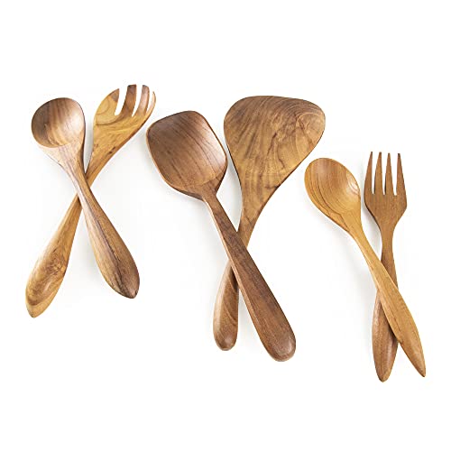 ANDALUCA Teak Wood Kitchen Utensils Fork, 4 Spoons including Wide