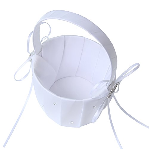 ARKSU Flower Girl Basket with Satin Ribbon and 2 Heart Rhinestones 5x8.5 inch for Rustic Wedding Shower Ceremony Party-White - Thumbnail 2