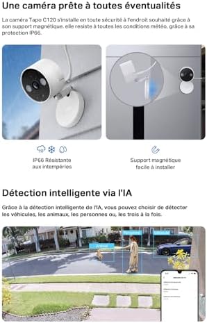 C120 Caméra Surveillance WiFi intérieure ou extérieure, QHD 4MP, Étanche IP66, Détection intelligentes de l'IA, Base magnétique, Double projecteur, Vision Nocturne, Audio Bidirectionnel
