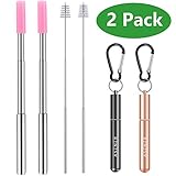 Collapsible Reusable Portable Straws - Telescopic Metal Stainless Steel Straw - Eco Friendly Drinking Straw with Aluminum Case and Cleaning Brush - Bonus 2 Silicone Tips and Keychain - 2 Pack