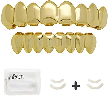 LuReen 14k Gold 8 Top and Bottom Grills Set Shiny Hip Hop Teeth Grillz + Extra Molding Bars
