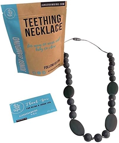 Black Teething Necklace For Moms To Wear and Baby To Chew, Chewbeads Chewlery Teether and Instant Pacifier for Teething Infants. Made From BPA Free Safe Silicon By JUNGO BAMBINO. (All Black Liquorice)