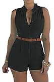 Prograce Women'Sexy Sleeveless Plunge V Neck Belted Short Jumpsuit Rompers
