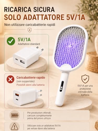 Racchetta Zanzare Elettrica 4000V Pieghevole USB-C 1800mAh Bianco