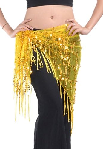 Bywen Belly Dance Sequined Tassel Fringe Waist Scarf Hip Scarf Yellow