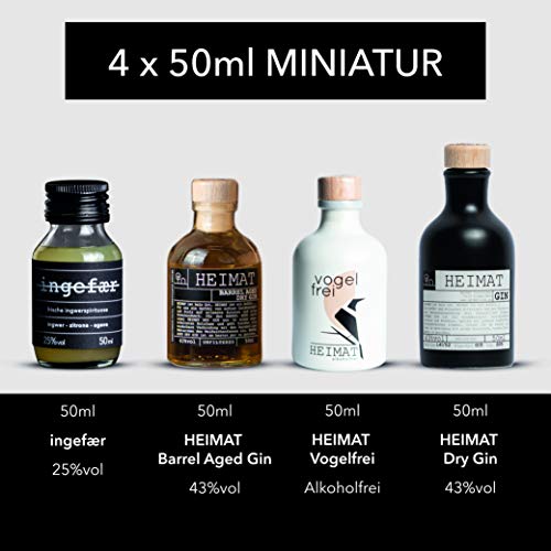 HEIMAT Gin Tasting Set Box (4 x 50ml) Probierset Mini Dry Gin, Barrel Aged Gin, Vogelfrei (alkoholfrei) & Ingefaer Ingwer-Schnaps - Gin Geschenkset mit exklusivem Home-Tasting-Video – Bild 6