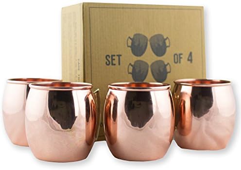 100% Copper Moscow Mule Mug 4 Set, 16 Oz Smooth, Brass Handle Culinary Cantina
