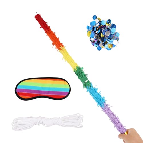 2pcs 29.92in Pinata Sticks, Rainbow Color Unbreakable Pinata Stick with Blindfold Blind Fold Rope & Confetti for Kids Girls Boys Adults Can Have Fun at Any Party